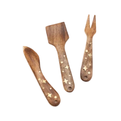 Nakshatra Stars Cheese Knives Set Of 3 - Wood, Brass Inlay