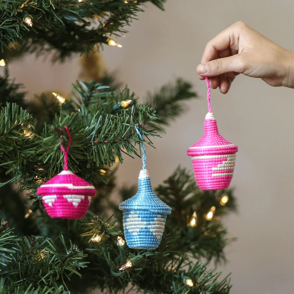 Bright Pink & Blue Basket Trio Ornaments 3 Bright Pink & Blue Basket Trio Ornaments