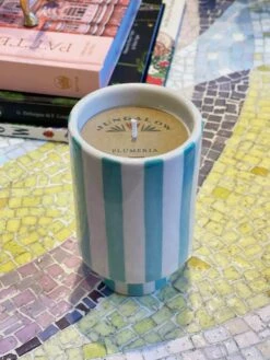 Kaya Ceramic Candle - Aqua Stripe/Plumeria -home decoration PhotoJun222023 35700PM 798436a8 919a 4079 96fc 25d7aed7652d