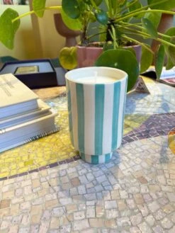 Kaya Ceramic Candle - Aqua Stripe/Plumeria -home decoration bluestripecandle