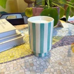 Kaya Ceramic Candle - Aqua Stripe/Plumeria -home decoration bluestripecandlesqr