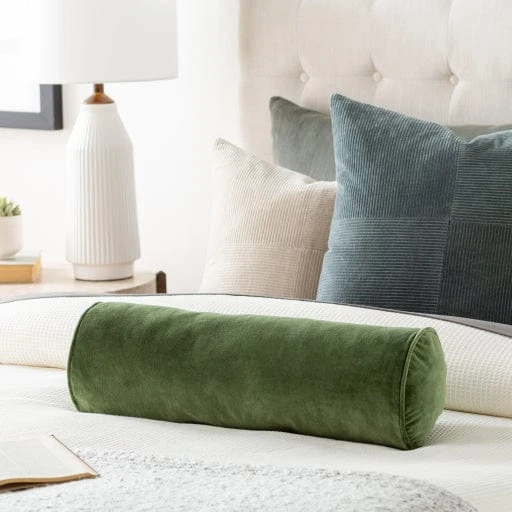 Cotton Velvet Bolster Pillow In Green 4 Cotton Velvet Bolster Pillow In Green - Image 2
